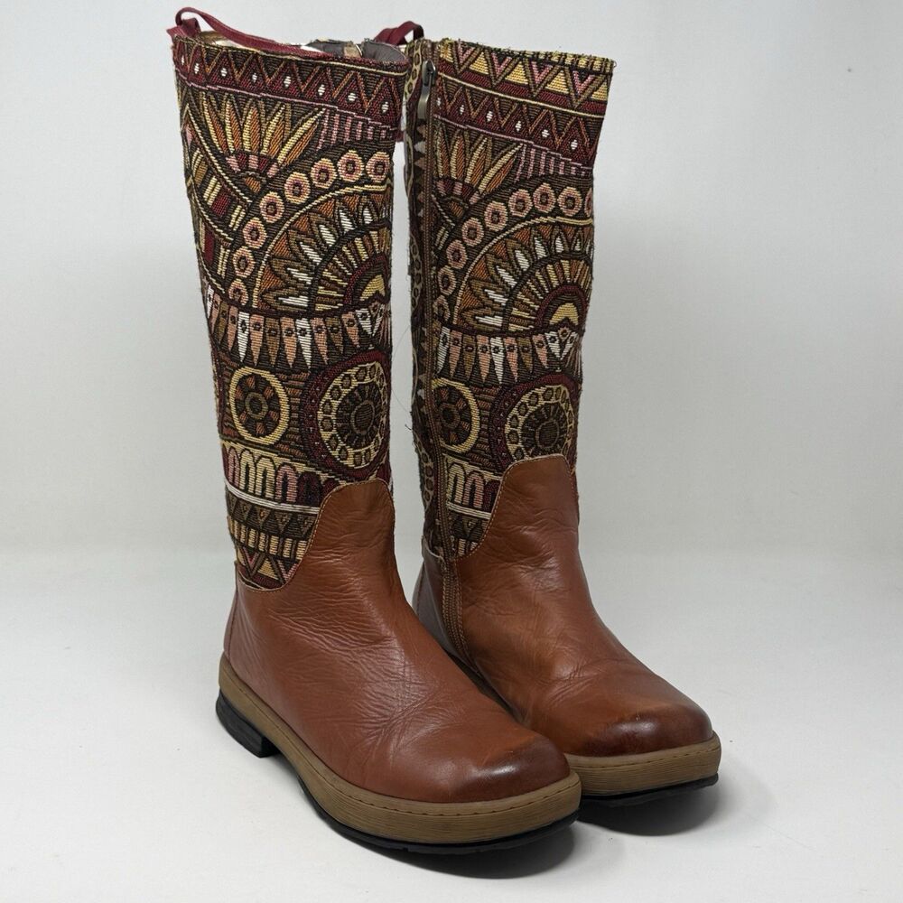 Socofy Boho Embroidery Splicing Tapestry Knee Boots Womens 10 EU 41 Brown